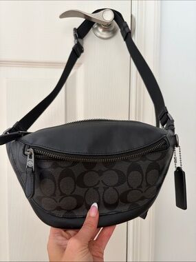 Coach Black Signature Canvas Belt Bag with Leather Trim